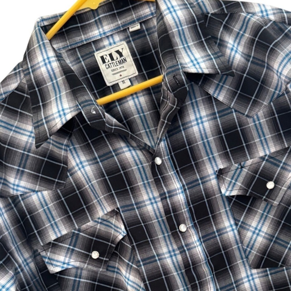 Ely Cattleman Mens Short Sleeve Western Pearl Snap Plaid Shirt XL Black Blue